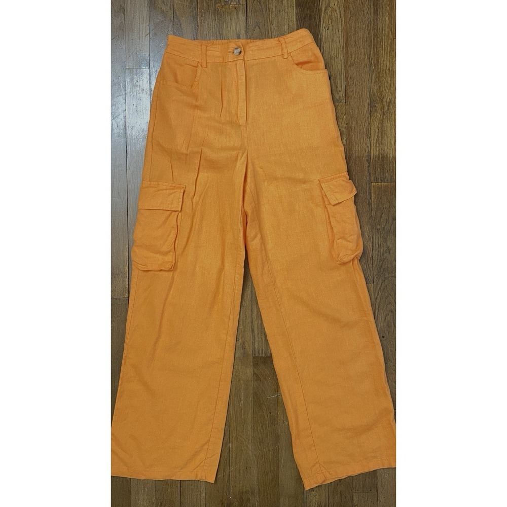 Women's Linen Blend Cargo BEACH Pants Size Medium Tangerine Lightweight Colorful